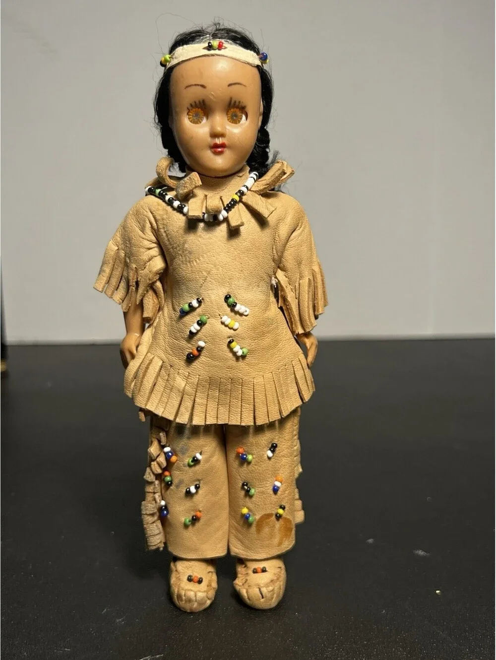 Vintage 1950s Native American Indian Girl Souvenir Doll Leather Beaded, 7”